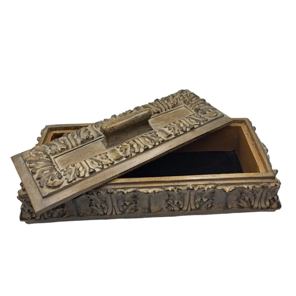 Vintage Lidded Jewelry‎ Box International Bazaar Faux Wooden Carved Velvet Lined